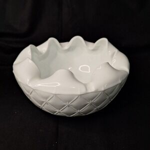 Vintage 8" 1960's White Milk Glass Duette Quilted Diamond Starburst Ruffled Bowl